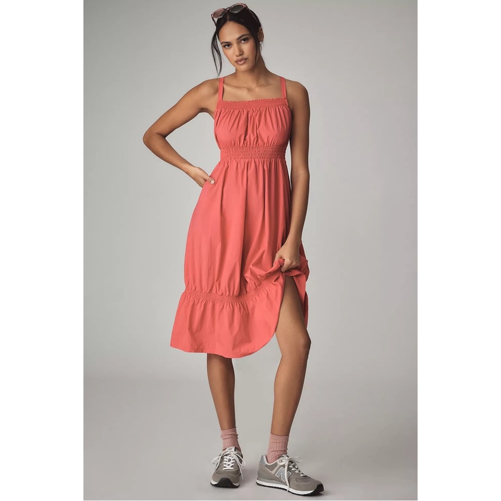 Anthropologie Daily Practice Pink Smocked Tiered High Low Midi Dress Size Small